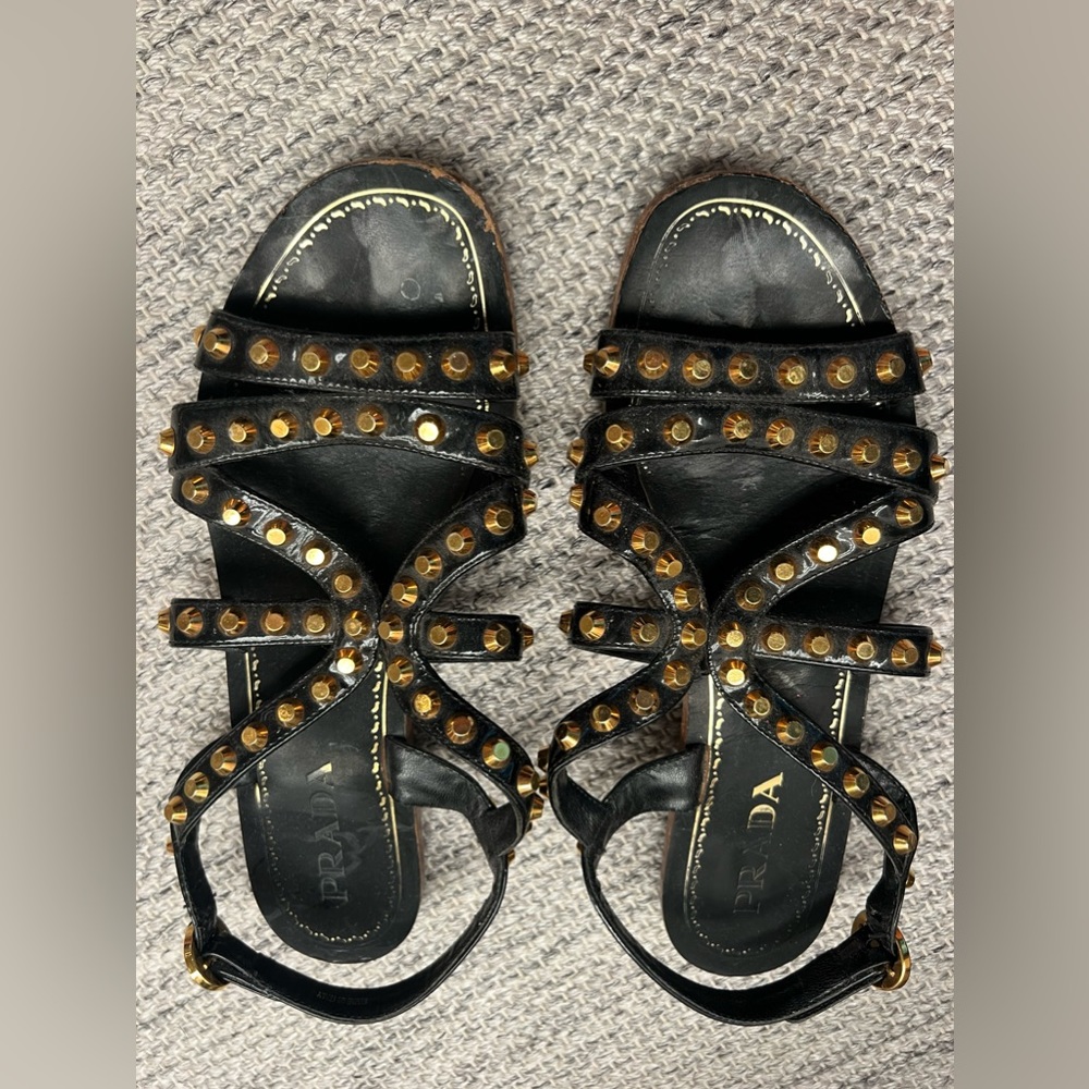 Prada black patent gold studded sandals.